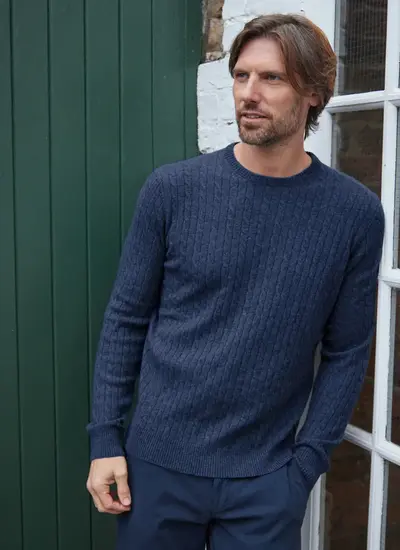  Cable Merino Patch Sweater in Denim
